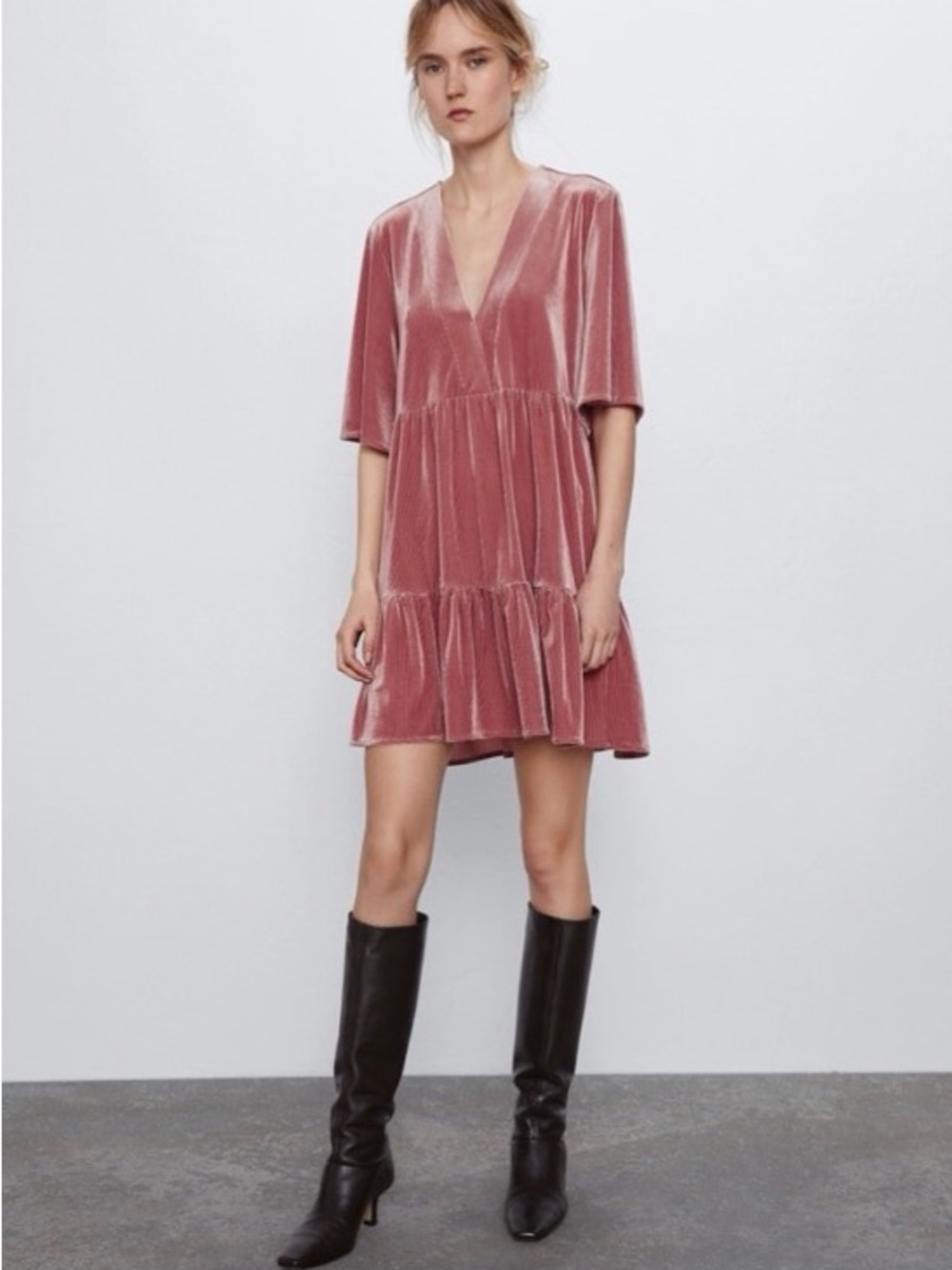 Zara Dusty Rose Velvet Babydoll Mini Dress